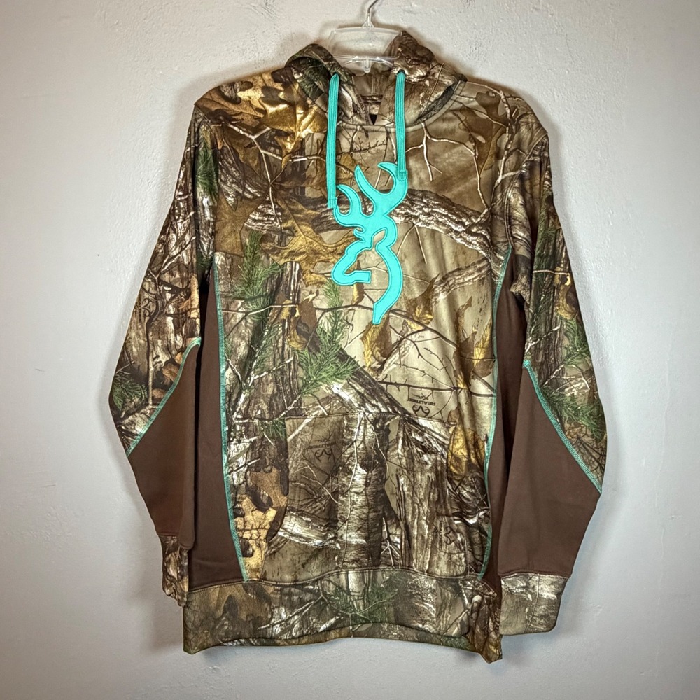 Browning Women Camo Hoodie RealTree Xtra Teal Buckmark Logo Fleece‎ Sweatshirt M
